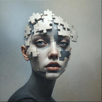 The primary subject of the image is a woman with a unique and artistic appearance. She has a headpiece made of puzzle pieces, giving her a distinctive and creative look. The setting is a room with a gray background, which adds to the overall atmosphere of the image. The visual style is a combination of digital art and illustration, creating a striking and memorable image. The colors and mood of the image are predominantly dark, with the puzzle pieces adding a touch of brightness and playfulness to